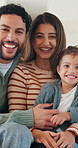 Face, parents and child in living room with happy family, support or bonding together on weekend break. Mother, father and people smile in home with toddler daughter, trust and connection for love.