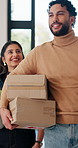 Couple, moving in and boxes in new home, smile and conversation for property investment with partner. Happy man, woman and relocation together with plant, real estate and walking in dream house