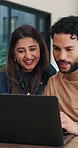 Laptop, happy and couple in home with conversation, support and decision for online loan. Typing, discussion and woman or partner smile with website application, connection or planning for savings