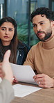 Financial advisor, couple and consultation in home, paperwork and budget with wealth management. Consultant, man and woman with documents at house for advice, investment and savings discussion