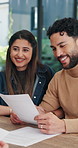 Financial advisor, happy couple and consultation in home, documents or budget with wealth management. Consultant, man and woman with paperwork at house for advice, investment and loan approval