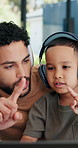 Child, father and count in home for online learning with math, numbers and teaching. Tech, headphones and family or man help with son for homework, homeschool and remote education for development