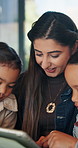 Tablet, kids and mother in home for learning, conversation and online teaching on sofa. Family, bonding and happy woman or mom with children on app, typing and talking for connection or development