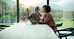 Smile, couple and talking with tablet at house for research, planning and ideas for renovation. African people, digital and discussion for interior design, remodeling upgrade and property expansion