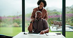 Relax, massage and african couple with tablet in home for freelance, remote worker and entrepreneur. Digital tech, man and woman with smile and support in house for email, romance and bonding