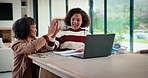 Homework, high five and mom with child on laptop for online lesson, elearning and studying for test. Family, home and happy mother and girl on computer for answer, results and success for education