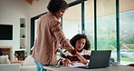 Homework, help and mom with children on laptop for online lesson, elearning and studying for test. Family, home and mother with girl on computer for teaching, assistance and knowledge for education