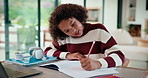 Writing, thinking and child in house with homework for elearning, online class or education with laptop. Notes, counting and girl student with computer for quiz or test on mathematics in apartment.