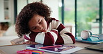 Bored, tired and kid with homework in house with elearning, education or online class. Fatigue, burnout and girl student with exhaustion for knowledge, growth or development in virtual lesson.