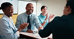 Business people, team or applause with handshake in meeting for agreement or partnership in office. Happy group, employees or shaking hands with smile or clapping for b2b success or deal in workplace