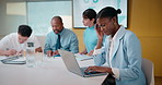 Finance, headache and laptop with woman in meeting for review of data, charts or statistics. Computer, graphs and stress with broker in financial workplace for burnout or investment planning