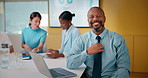 About us, face and finance with happy man in meeting for review of data charts or statistics. Laptop, smile and tie with mature broker in boardroom of financial workplace for investment planning