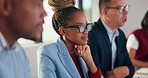 Business, woman and listening with team in seminar for discussion, training intern and career growth. People, attention and staff at event for coaching, corporate presentation and upskill development