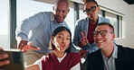 Team, selfie and business people with funny expression, humor and social media in office. Peace sign, photography and creative agency in group picture for post, diversity and career connection