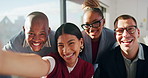 Happy, face and selfie with friends in office, online or profile picture with colleagues for website. Business, vlog and people with smile for social media post, memory and photography with team