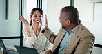 Woman, businessman and high five with team at office with laptop, celebration and review at finance agency. People, excited and computer with support, motivation and success at investment company
