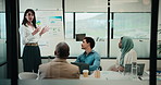 Woman, presentation and charts on board with team at office meeting, talk and review at finance company. Person, speaker and insight with graphs, feedback and collaboration at investment agency