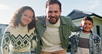 Outdoor, face and dad with children at house, love and happy with property investment and milestone. Family, father and man with kids, embrace and smile for home ownership or real estate in Canada