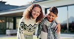 Hug, siblings and face of children in backyard for bonding, happy relationship and relax on weekend. Family, house and portrait of girl and boy with embrace for affection, care and love in garden