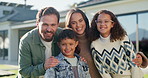 Outdoor, face and parents with kids at house, embrace and pride for property investment or milestone. Family, laugh and people with children, hug and smile for home ownership and real estate in USA
