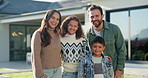 Outdoor, face and parents with children at house, embrace and pride for property investment or love. Family, laughing and people with kids, hug and smile for home ownership and real estate in USA