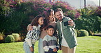 Happy, family and hug with kids for selfie, outdoor memory or bonding on lawn in garden. Mom, dad and children with smile for photography, capture moment or picture together on grass field in nature
