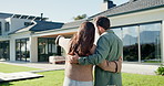 Couple, outdoor and hug for new house, planning renovation and real estate in backyard. Happiness, homeowner and man with woman bonding and talking of mortgage, property and investment together