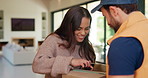Happy, sign and delivery man with woman on tablet for shipping, order receipt and digital signature. Ecommerce, door and person with customer on tech for courier service with package, cargo and box