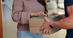 Tablet, sign and hands of delivery man with customer for shipping, order receipt or digital signature. Ecommerce, home and person with woman on tech for courier service with package, cargo and box