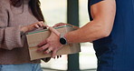 Tablet, sign and hands of delivery man with woman for shipping, order receipt and digital signature. Ecommerce, home and person with customer on tech for courier service with package, cargo and box