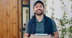 Face, delivery man or tablet on boxes at house for parcel distribution, logistics and career pride. Tech, courier service and happy with packages at front door for supply chain, shipping or about us