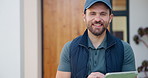 Delivery, happy and face of man on tablet for shipping, order update and digital signature for ecommerce. Front door, portrait and person on tech for courier service, receipt and location for parcel