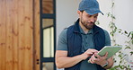 Delivery, door and man with tablet for shipping, order and digital signature for online shopping. Ecommerce, happy and person on tech for courier service, receipt and location for package drop off