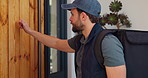 Knock, food delivery and arrival with man at front door for personal shopper, ecommerce and courier. Logistics schedule, shipping and grocery package with person at house for distribution and parcel