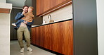 Dance, love and father with baby in kitchen for happy, celebration and bonding. Playful, movement and music with man and child in family home for support, weekend and holding hands for entertainment