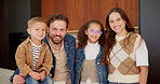 Happy, kitchen and face of parents with children for healthy relationship, connection and bonding. Love, home and kids with mom, dad and smile for family portrait, trust and support for security