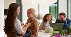 Talking, getting ready and mother with child in kitchen with bonding, support or family in morning. Happy, love and mom helping boy kid with preparing for school with conversation together in home.