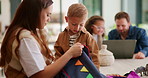 Talking, backpack and mother with child for getting ready in kitchen with bonding, support or family. Happy, love and mom helping boy kid with preparing for school with conversation together in home.