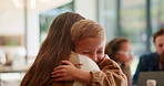 Happy, hug and mother with child in kitchen for greeting, support or bonding on weekend in home. Smile, love and mom embracing boy kid for connection, care and family together in morning at apartment