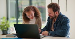 Homework, laptop and child with dad for help with studying, assignment and quiz for elearning. Family, home and father with girl on computer for education, knowledge and teaching for language test