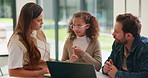 Homework, counting and parents with child on laptop for studying, lesson and quiz for elearning. Family, home and girl with mom, dad and computer for education, knowledge and teaching for math test