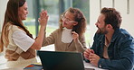 Parents, homework and child on laptop with high five for studying, answer and elearning success. Family, home and girl with mom, dad and computer for education, knowledge and support for development