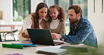 Parents, homework and child on laptop with help for studying, assignment and quiz for elearning. Family, home and girl with mom, dad and computer for education, knowledge and teaching for development