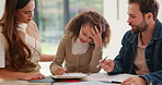 Homework, thinking and parents with child in home for assessment, learning and prepare for exam. Family, teaching and girl with mom, dad and frustrated for education, knowledge and studying for test