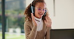 Laptop, elearning and wave with child in home for online class, education or virtual tutor. Student portal, cyber classroom or greeting with kid and headphones for video call lesson and study session