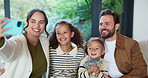 Smile, parents and selfie with children at house for photography, social media and family blog. Happy, people and kids for profile picture update, capture moment and bonding together in living room