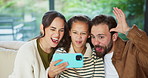 Silly, parents and selfie with daughter at house for photography, social media and family blog. Goofy, people and child for profile picture update, capture moment and funny expression in living room