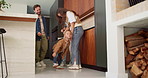 Parents, circle and holding hands with play in home for bonding, running and dance in kitchen. People, mom and dad with kids, fun and laughing with smile, ring or siblings in love at family house