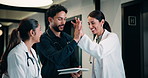 Medical, high five or team in hospital with tablet, good news or positive feedback on treatment plan. Health, collaboration or doctors with tech, surgery success or research breakthrough in clinic.
