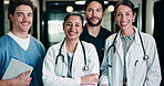 Face, team or doctors with tablet in clinic, healthcare professional or confidence for patient care. Portrait, medical staff and happy people with collaboration for wellness support, tech or laughing